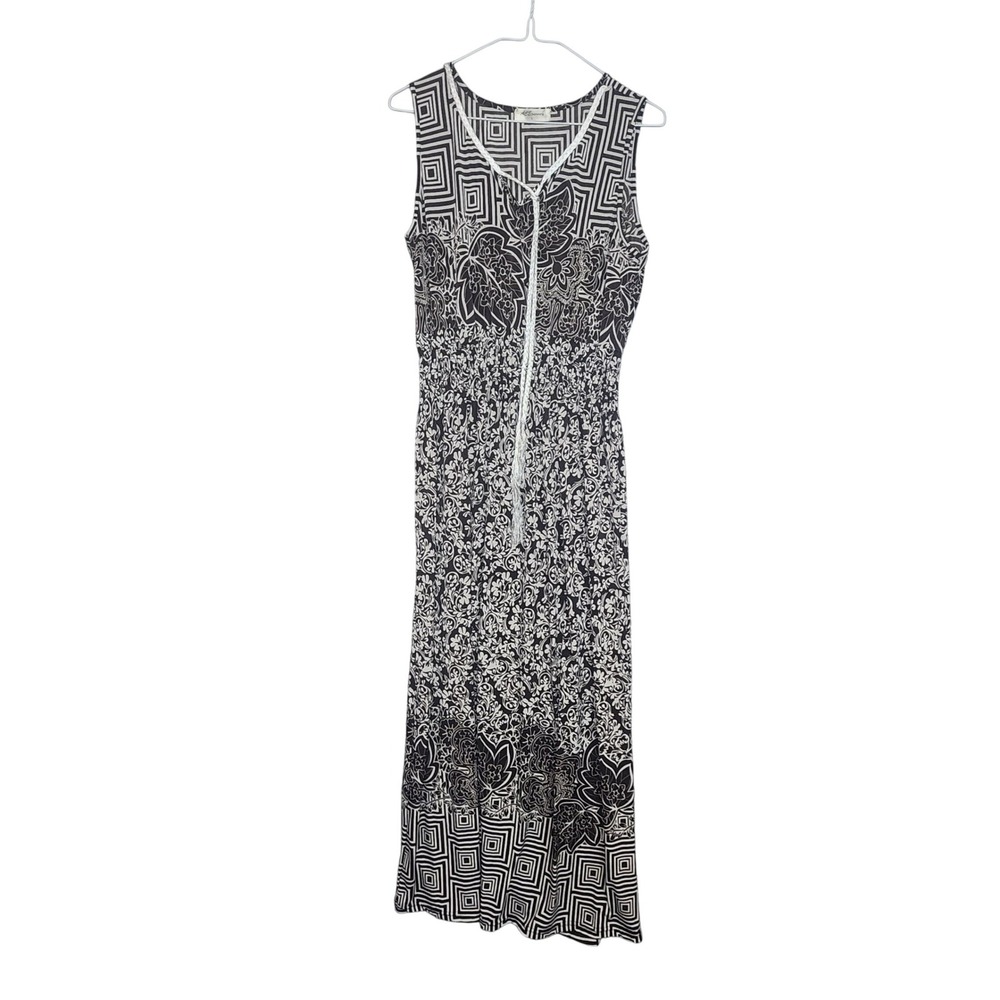 ACE Fashion Maxi Dress Black White Geometric Floral Smocked Boho Womens Large